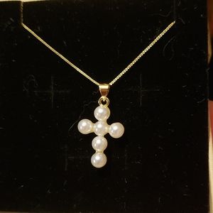 NWT-10K SOLID YG 18" ITALIAN FLAT BOX CHAIN PEARLS CROSS PENDANT NECKLACE